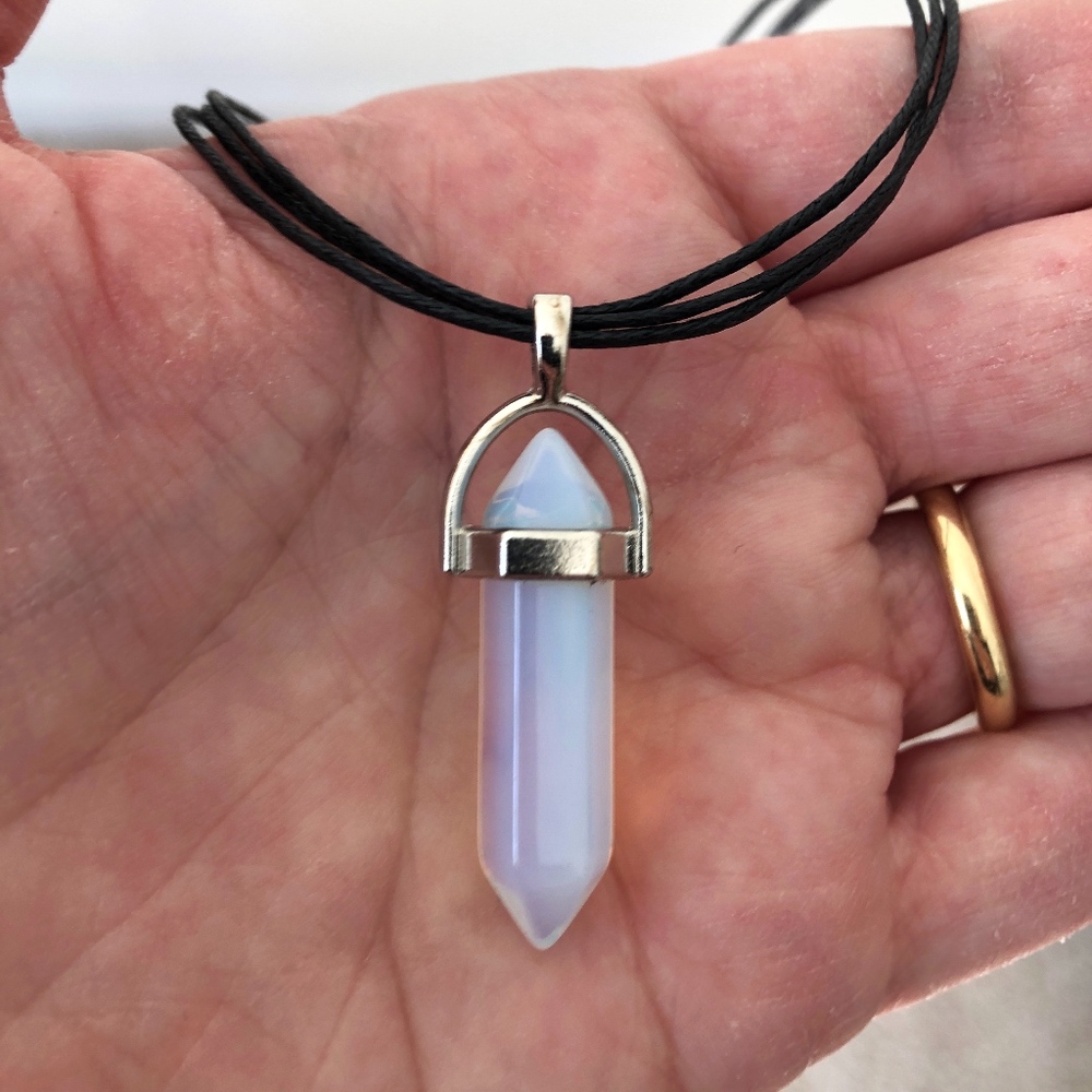 Faux Opal Spike Pendant Necklace, Faux Opal, Opalescent, 18" Long Black Cord